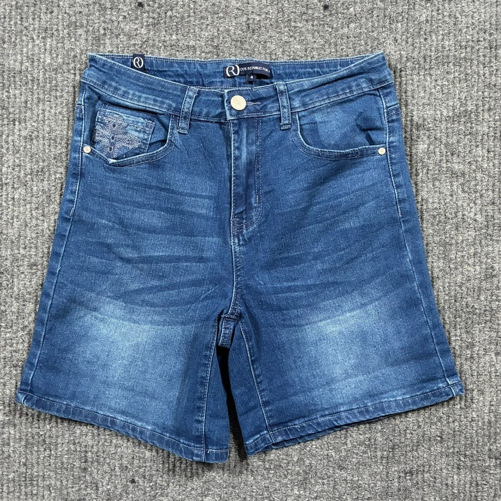 Our Republic For All Womens Shorts 4 Blue‎ Denim Embellished Pockets Mid Rise